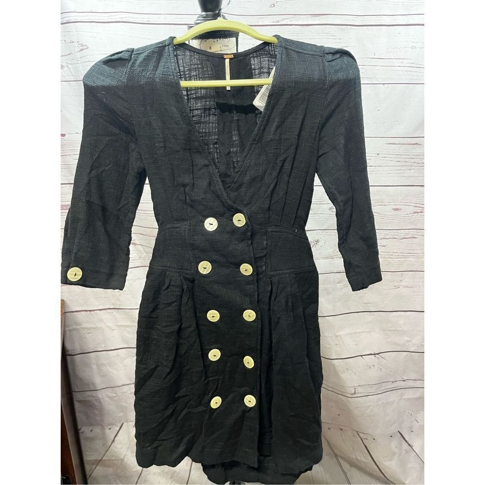 Free People Black Double Breasted Puff Sleeve Button‎ Front Mini Dress XS